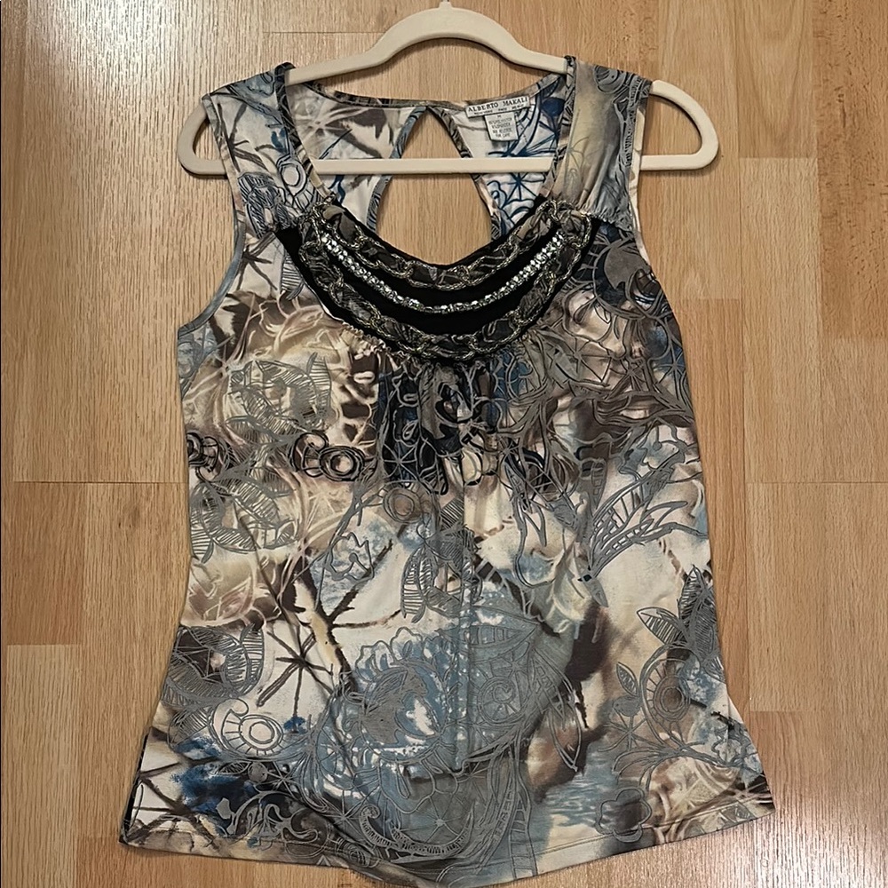 Alberto Makali Embellished Scoop Neck Top with Rhinestones and Chains M